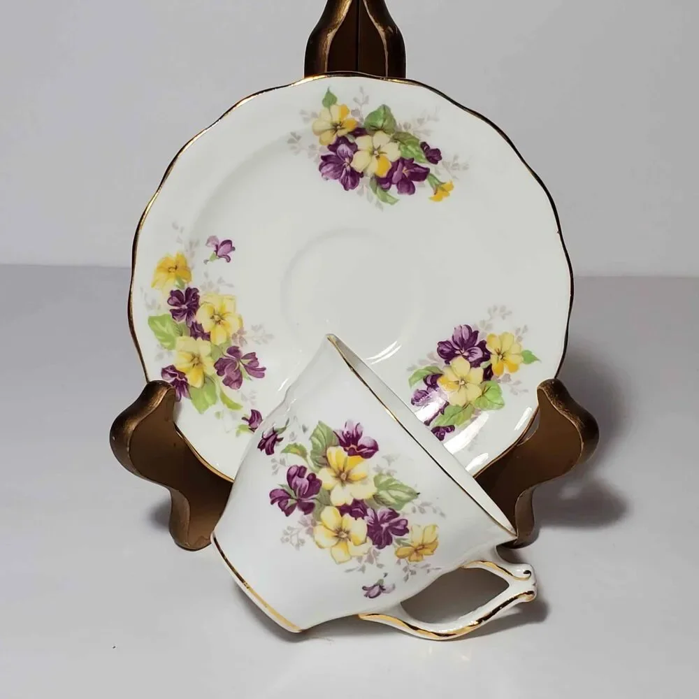 Old Royal Demitasse (Small) Teacup and Saucer Purple Yellow Flowers Vintage